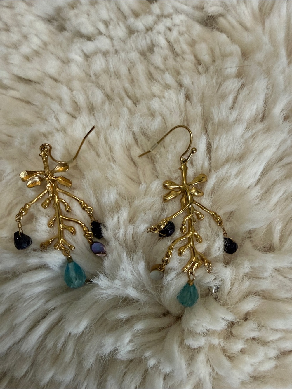 Vintage Gold Branch Drop Earrings with Teal and Black Beads